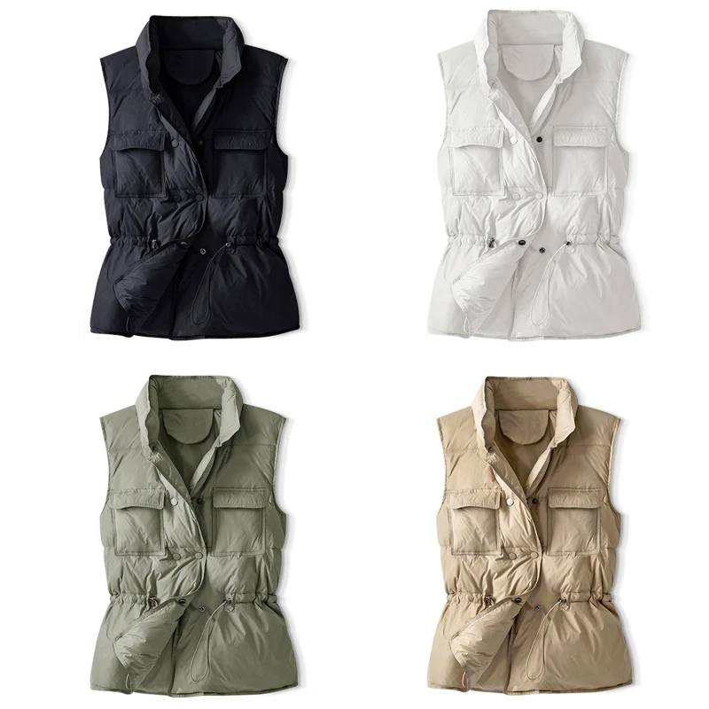 Chaleco con botones acolchados para mujer, chaleco con cordón en la cintura, cuello levantado, ropa sin mangas para uso exterior, chaqueta acolchada, cálido