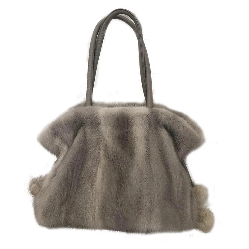 New Fashion Luxury Mink Fur Fur Bag Large Capacity Sing-Shoulder Female Bag Mink Ball Pumping Belt Drawstring Big Bag