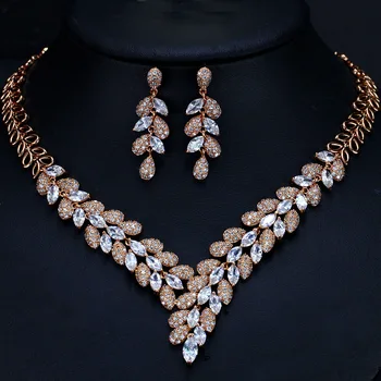 

Gorgeous Cubic Zirconia Stone Dubai Necklace Earrings Gold Jewelry Sets For Women Wedding Party Accessories