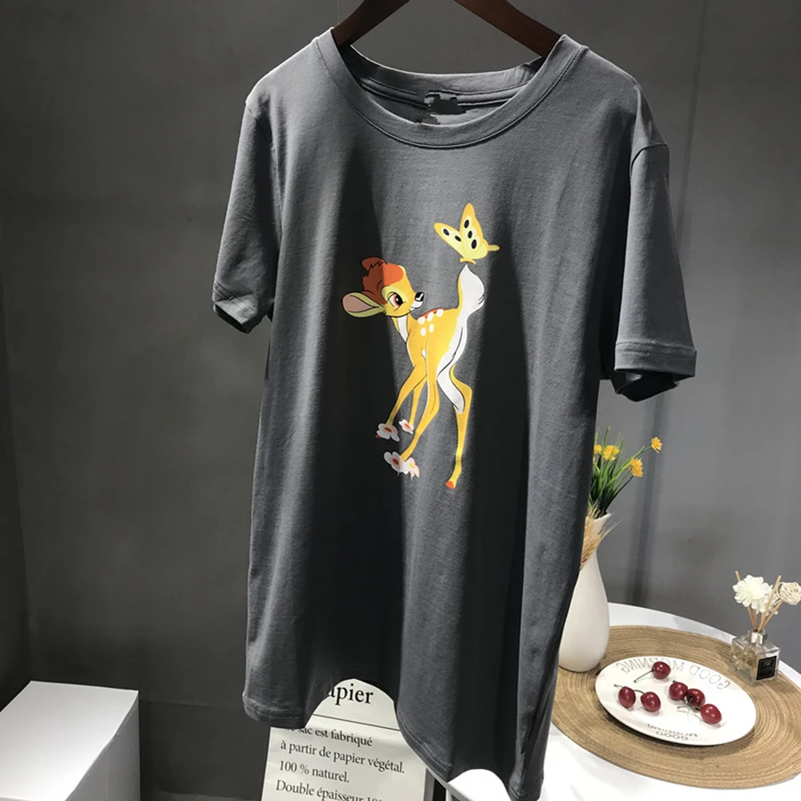 Summer New Arrive Luxury Brand Women T-shirt Fawn Butterfly Print Pattern Letter Print Design Short Sleeve Top