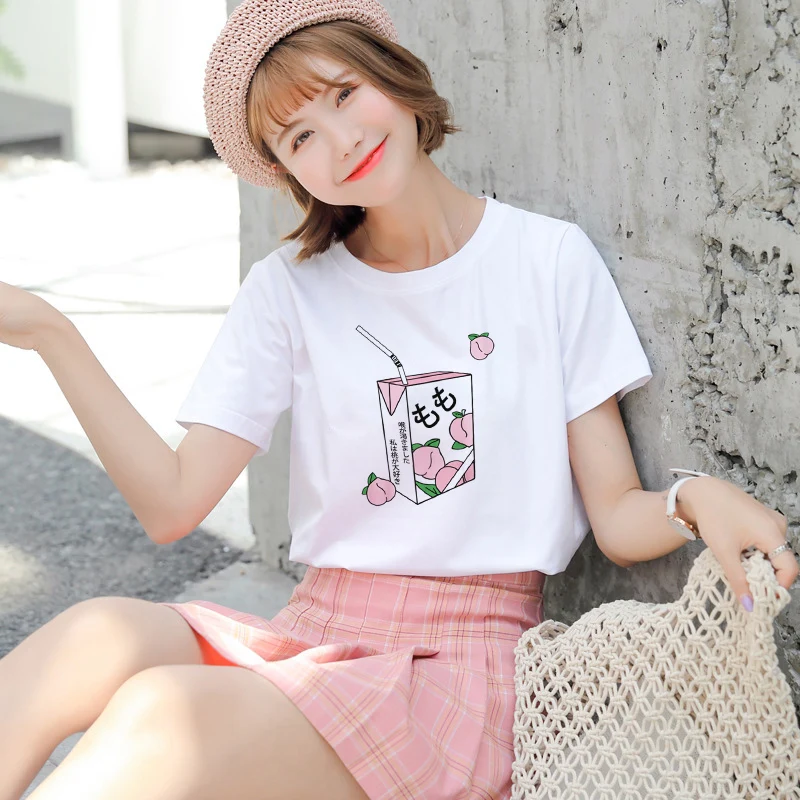 

Cartoon Peach Juice Japanses Aesthetic Grunge T-Shirt Women Harajuku Cute Kawaii White Summer Casual Tumblr Outfit Fashion Tops