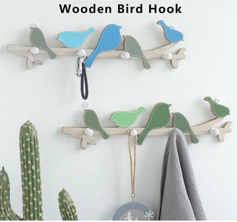 Strongwell Blue Bird Green Bird Storage Hook Wooden Wall Hanging Shelf Home Decoration Accessories Household Bag Key Hooks