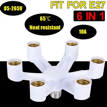 

6 In 1 LED Light Bulbs Socket Adapter Splitter E27 Bulb Base Adapter Standard Lamp Holder Converter for Home Commercial Lighting