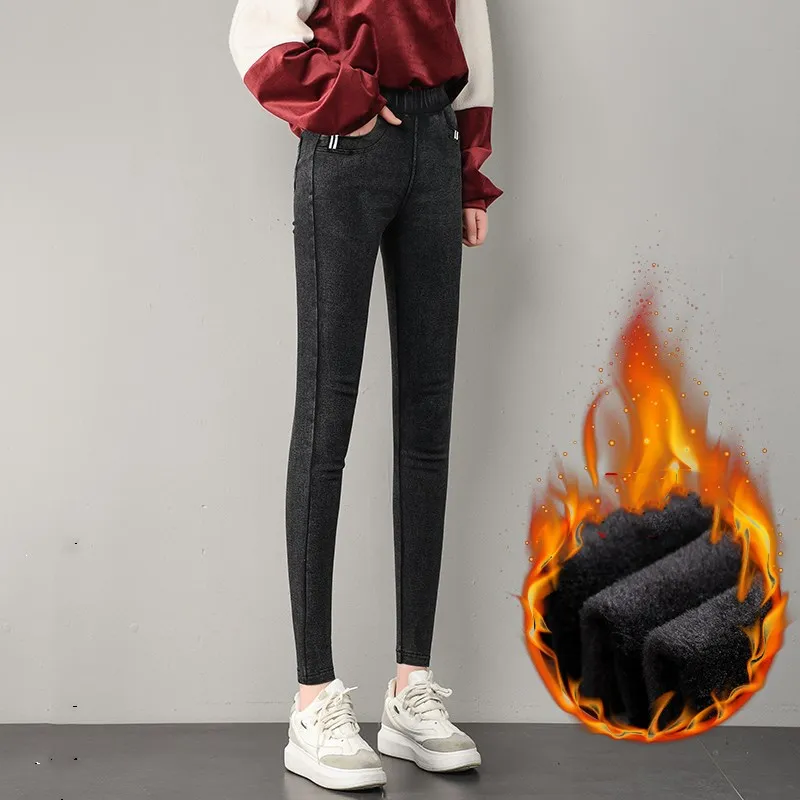 

New Autumn Winter Women Thick Velvet Jeans Pocket Webbing Warm Snowflake Pencil Pants Elastic Straight Leggings Skinny Jeggings