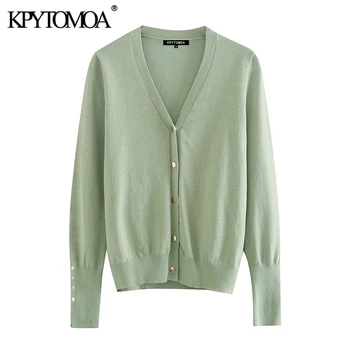 

KPYTOMOA Women 2020 Fashion With Buttons Knitted Cardigan Sweater Vintage V Neck Long Sleeve Female Outerwear Chic Tops