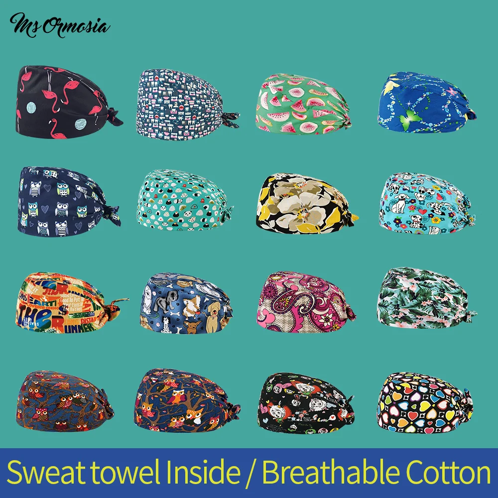 

Multicolor Breathable scrubs hat adjustable unisex Cartoon printing caps pet store working hats Adjustable Scrub caps wholesale