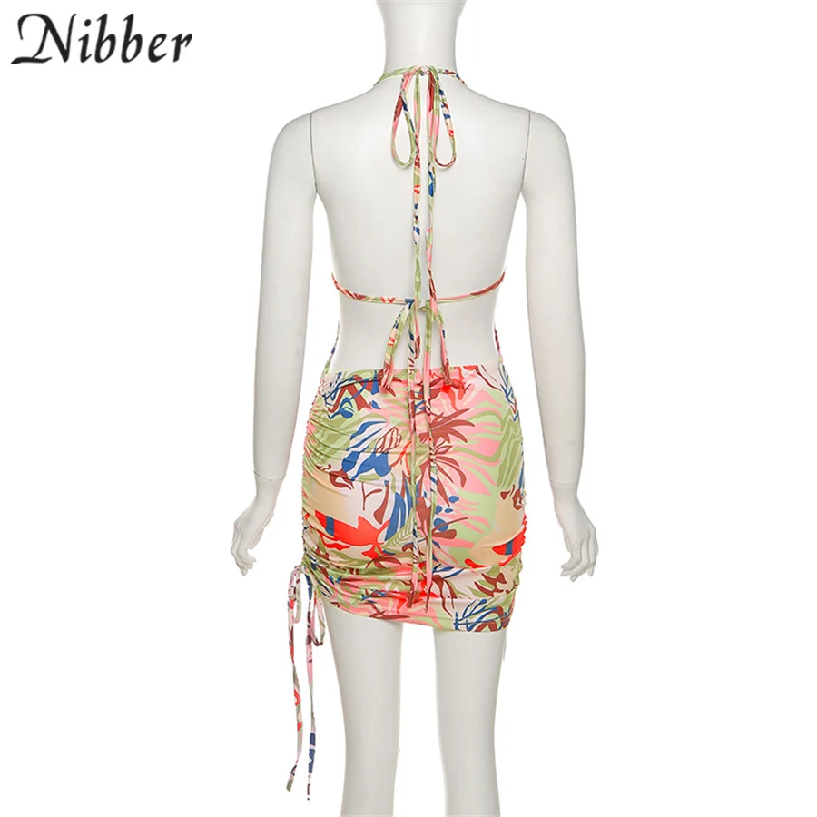 Nibber Sleeveless Multicolor Printing Cut Out Mini Wrap Dresses for Women's 2021 Summer Hot Deals Beach Bodycon Elegant Dresses