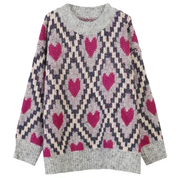 

Autumn Spring Women Sweaters O-neck Hit Color Rhombus Peach Heart Embroidery Long Sleeve Pullover Tops Knitted Outerwear TA11816