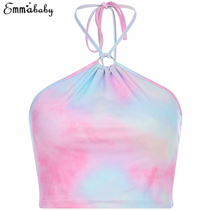 Tie-dye Топ без рукавов Холтер женский сексуальный Повседневный жилет с открытой спиной укороченный топ Дамский летний Cami Strappy Bralette Camis Короткие мини-топы