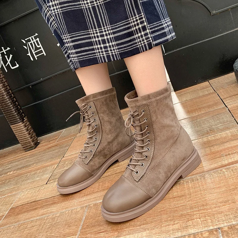 

Chunky-Heel Waterproof Platform Lace-up Retro Short Boots Children Fabric Leather Stitching Breathable Martin Boots Low Heel Fas