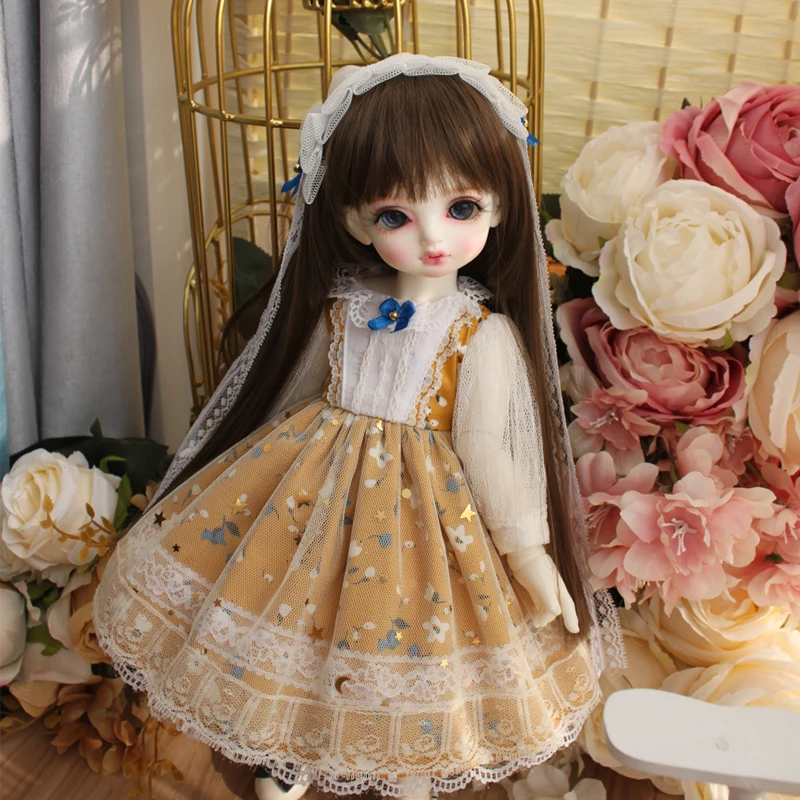 Одежда для кукол 1/3 1/4 1/6 BJD Платье желтого цвета с цветочным принтом; для blyth 1/6 1/4 1/3 BJD кукла аксессуары, платье+ украшение для волос - Color: Yellow