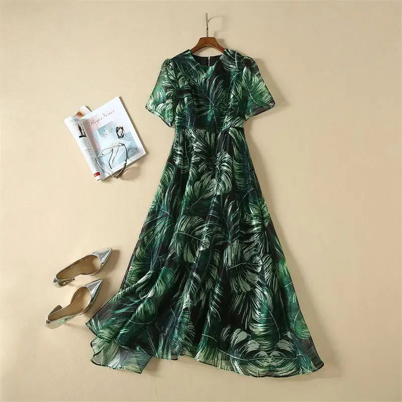 Женское элегантное платье, высокое качество, подиум, круглый вырез, короткий рукав, с принтом листьев подорожника, повседневные платья, Vestidos NP0835Y