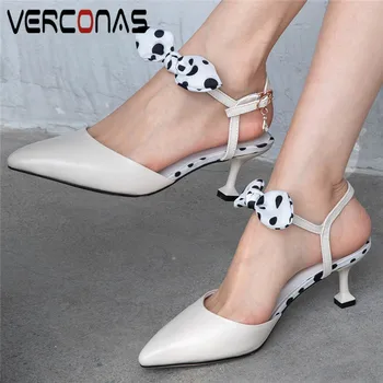

VERCONAS Women Rhinestones Butterfly Knot Thin Heels Party Shoes Thick Heels Sandals Pointed Toe Genuine Leather Shoes Woman