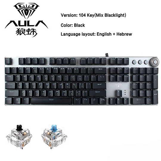 AULA, механическая клавиатура, игровой ноутбук, подставка для запястья, подсветка, светодиодный, проводной, USB, игровой, иврит, арабский, русский - Цвет: English  Hebrew