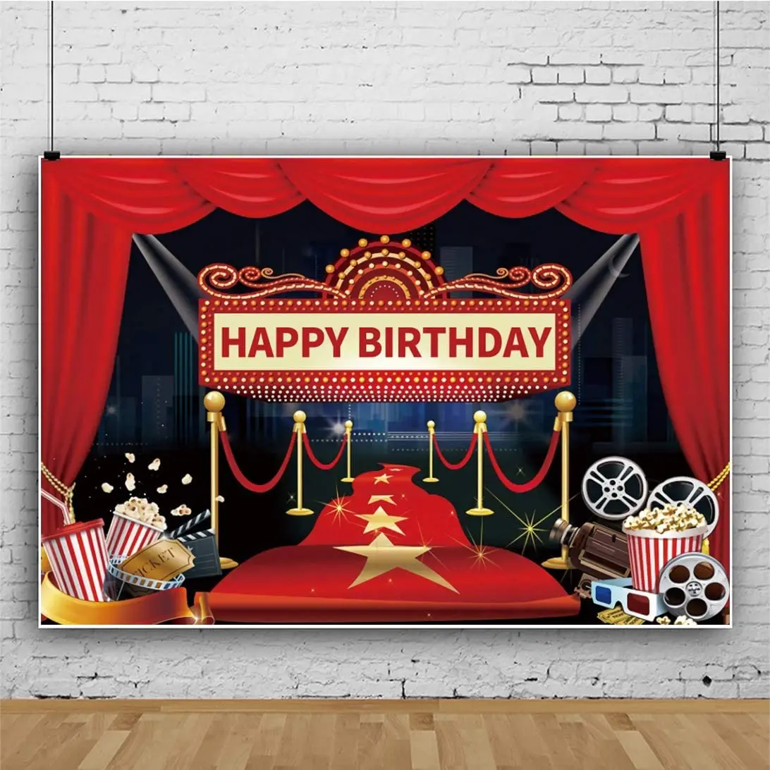 Happy Birthday Background Red Curtain Golden Star Carpet Stage Spotlight Photography Backdrop Kids Lover Adult Family Banner | Электроника
