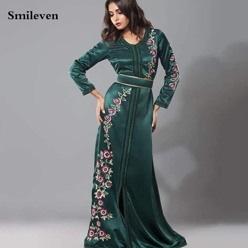 

Smileven Hunter Green Embroidery Moroccan Kaftan Evening Dress Long Sleeve V neck Muslim Party Dress Middle East Prom Party Gown