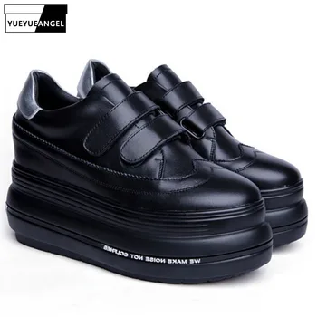 

Designer Platform Sneakers Women Autumn Winter Genuine Leather Hook & Loop Height Increasing Shoes Femme Black Casual Footwear
