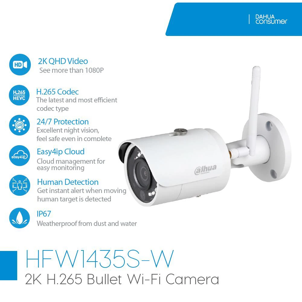 

Original Dahua IP Camera Wireless Mini Bullet Consumer IPC-HFW1435S-W 4MP WiFi Camera 30m SD Card Slot H.265 IP67 easy4ip