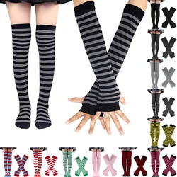 Fashion 1 Set Striped Arm Sleeve Thumbhole Sleeves Knee High Socks Set for Cosplay Costume Fingerless Stretchy Gloves Stockings