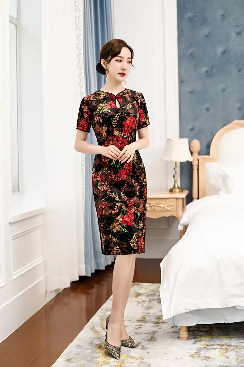 Женское платье Ципао, классический воротник-стойка, сексуальное, новинка, Cheongsam Vestido De Soiree, вечернее платье, тонкое, обтягивающее, размера плюс 5XL - Цвет: Black G