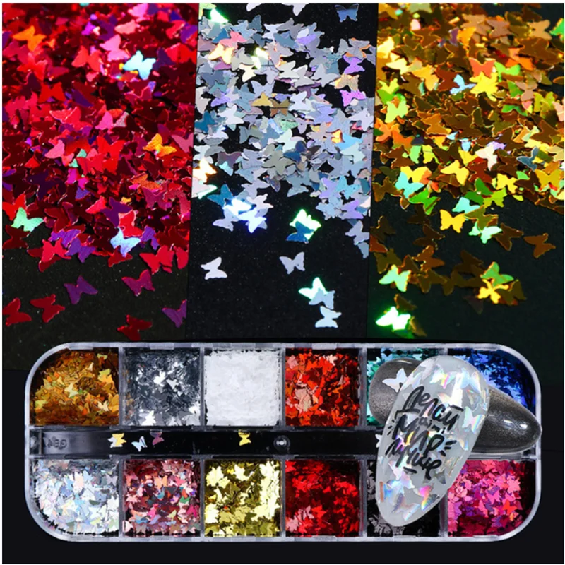 

1Box Laser Holographic Nail Foil butterfly Glitter Sequins Butterfly Applique Nail Sequin Decoration Accessories LLHD01