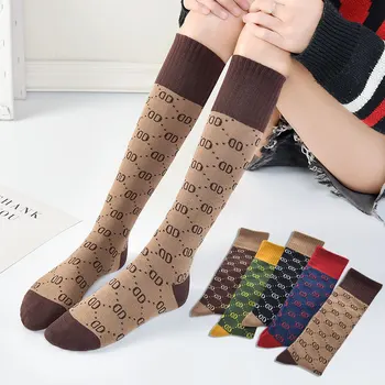 

Popular Logo Fashion Heap-heap Double D Knee Stocking Women Cotton Street Female High Long-withering Ladies Legs Stockings