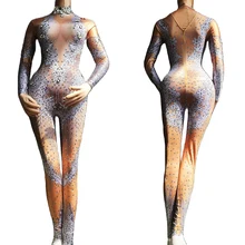 

Sparkling Rhinestones Backless Jumpsuits Striped Floral Pattern Printing Rompers Club Costume For Women Party Evening Costume