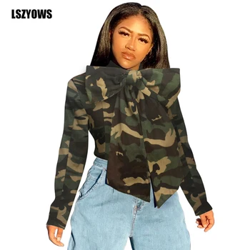 

Camouflage Blouse Plus Size Women Bow Tie Long Sleeve Denim Blouse Winter Fashion Vintage Jeans Button Shirts Casual Female Tops
