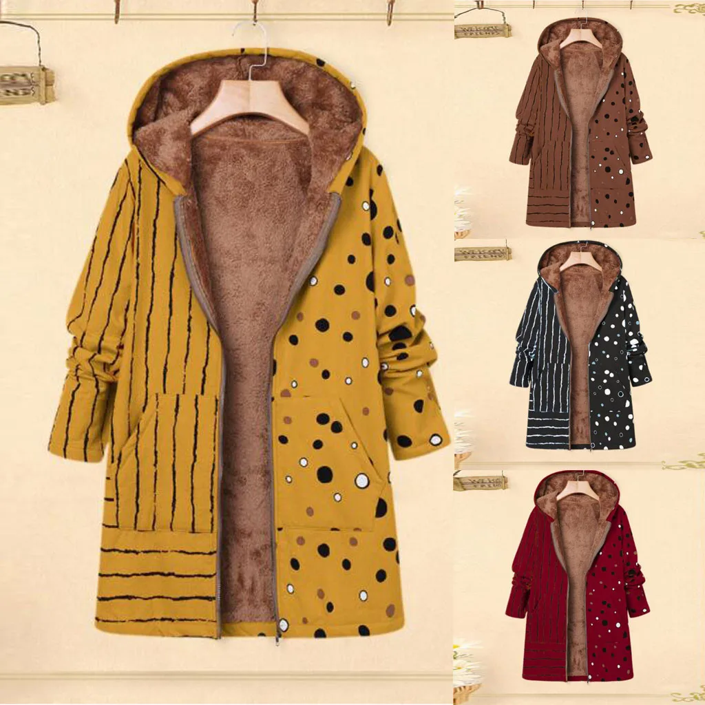 

Womail 2019 Vintage Female Coat Womens Winter Dot Printed Hooded Coats Casual Long Sleeves Pockets Oversize Coats 19Sep26
