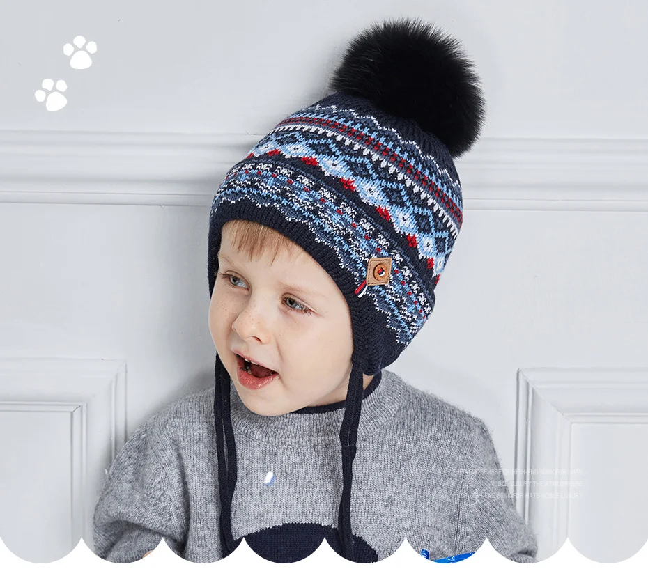 Теплая вязаная шапка для мальчиков ENJOYFUR, детская плотная хлопковая шапка-ушанка с геометрическим узором и помпоном из натурального лисьего меха, для зимы