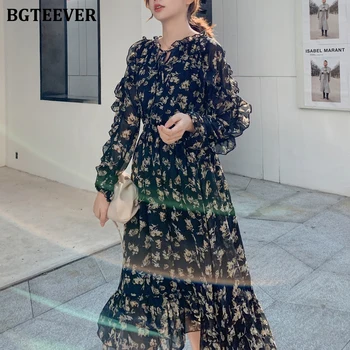 

BGTEEVER Vintage Lace Up Print Women Dress Irregular Ruffles Female Long Dress 2020 Spring Summer Chiffon A-line Vestidos femme