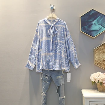 

[EWQ] 2020 Spring Summer New Pattern Bow Collar Long Sleeve Print Patchwork Single Breasted Casual Shirt Women AK74915