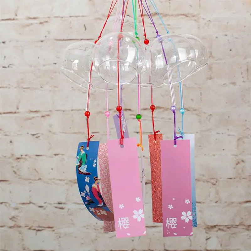 1pcs Romantic Crafts Japanese Cherry Blossom Glass Wind Chimes Bells Home Garden Office Ornament Indoor Window Hanging Decor 4