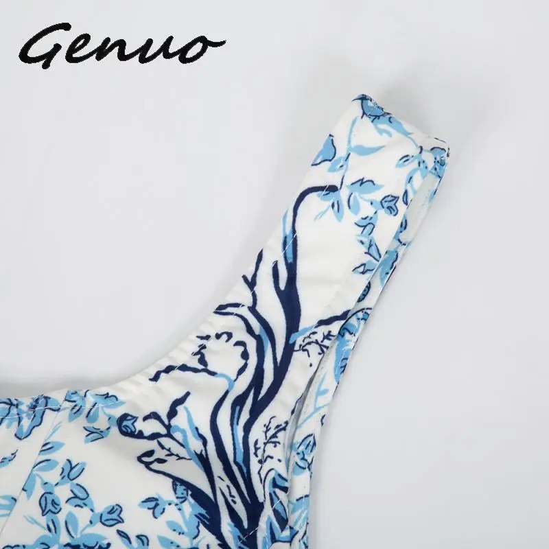 Genuo, новинка, цветочный принт, синий короткий топ для женщин, Haut Femme, тонкий короткий топ, китайский стиль, рубашки, без рукавов, сексуальные, вечерние, топ, Camis Mujer