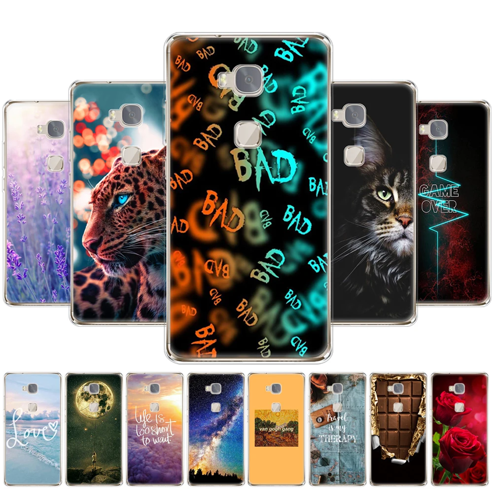 phone case for honor 5X soft tpu silicon back cover 360 full protective printing transparent clear coque tiger cat wolf | Мобильные