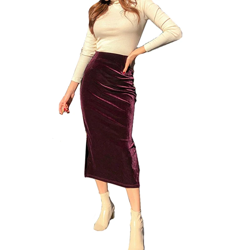 Free Shipping 2021 Customizable XS-10XL Velour Long Mid-calf Skirt For Women Pencil Plus Size Black Slit Stretch Ladies Skirts