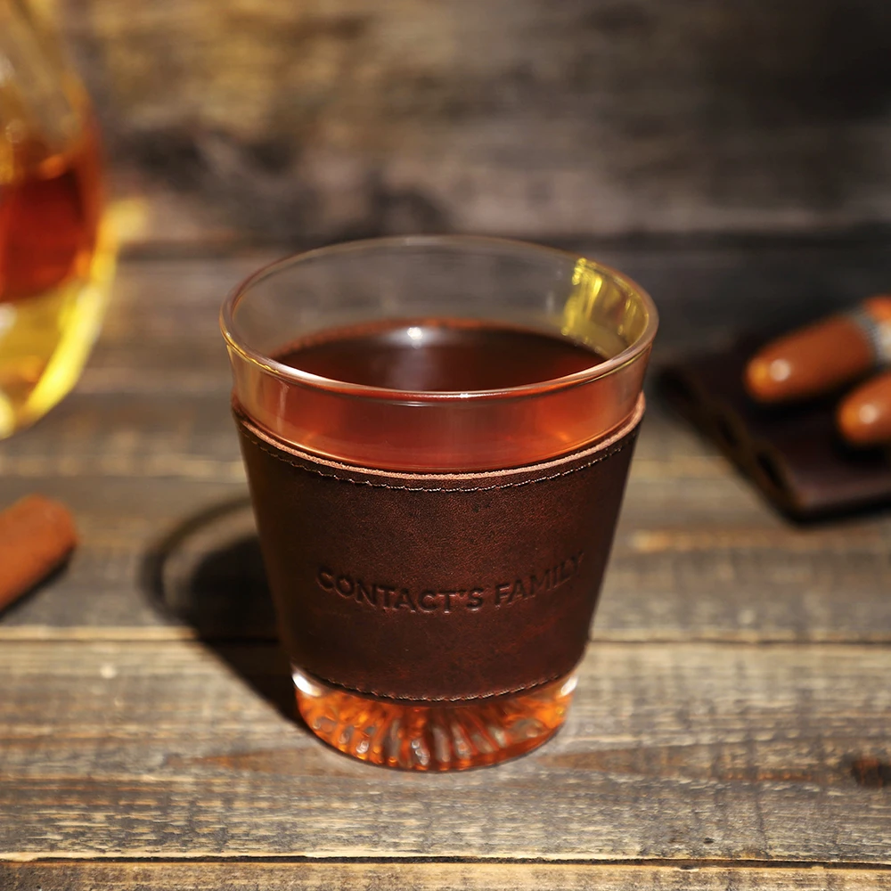 CONTACT'S FAMILY Cow Leather Wrap Wine Glasses Cups whisky Glass Set Whiskey Cup Sleeve Set For 3.5''x2.4''x3.8'' Glasses Cup