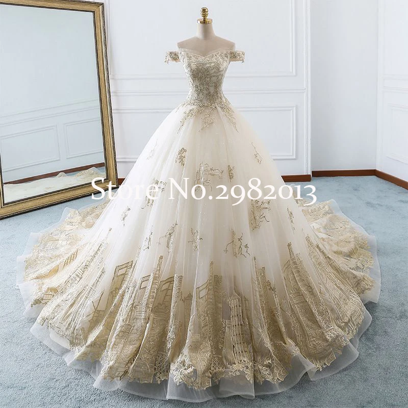 

Real Photo Chapel Train Arabic Wedding Dresses 2020 Off Shoulder Elegant Beaded Lace Custom Made Bridal Gowns vestido de noiva