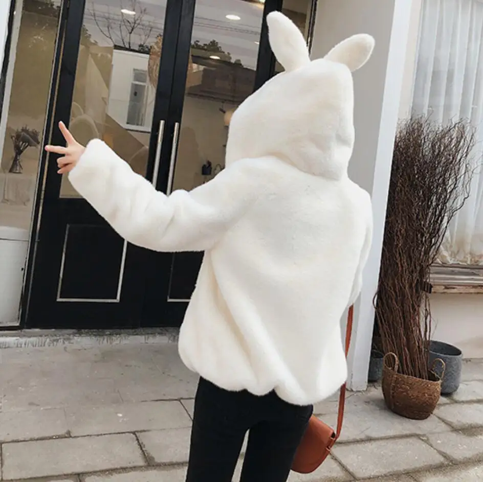 Harajuku женские каваи толстовки плюшевое пальто из искусственного меха теплая верхняя одежда с капюшоном свободные осень зима Корейская женская куртка r1648