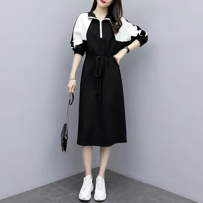 XL-5XL, большие размеры, модное Спортивное платье, женское черно-белое платье с длинными рукавами, осенне-зимнее облегающее платье трапециевидной формы, Спортивная одежда на шнурках - Цвет: Black