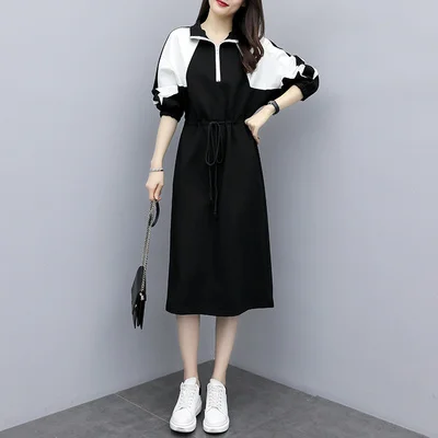 Black XL-5XL, большие размеры, модное Спортивное платье, женское черно-белое платье с длинными рукавами, осенне-зимнее облегающее платье трапециевидной формы, Спортивная одежда на шнурках - Цвет: Black