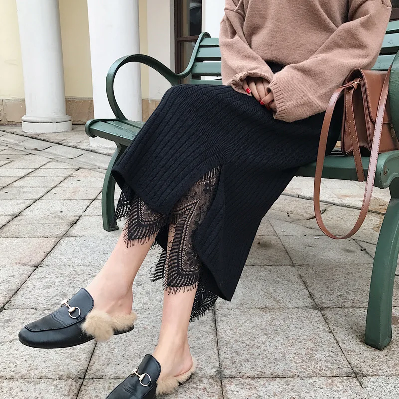 Knitted skirt in the long section stitching lace skirt Korean women's slim pack hip skirt two kinds of wearing