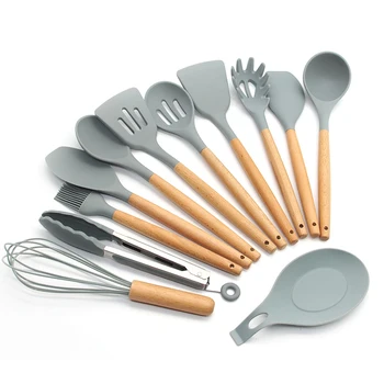 

Non-stick Silicone Cooking Tools Utensils Spatula Turner Tongs Whisk Spoon Ladle with Wooden Handle Kitchen Accessories