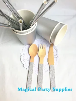 

12 people Foil Silver Paper Party Pack including Paper Cups Paper Straws Wooden Cutlery Fork Spoon knife Petite Party Studio