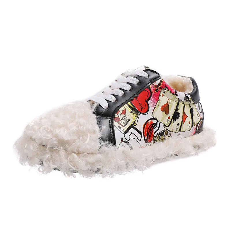 New Fashion Plush and Velvet Flat Bottom Graffiti Shoes Female Wear Thick Warm Casual Winter Womens Sneakers W20-57