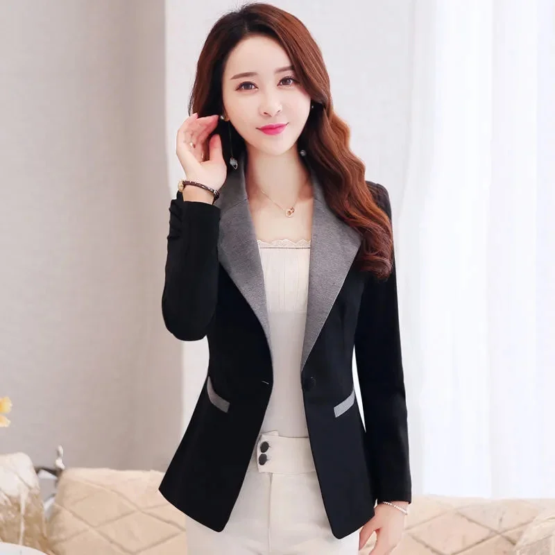 2023 Autumn New Women's Blazer Red Color Matching Single Button Long Sleeve Temperament Lady Lining Suit Jacket Femme Black  530