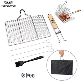 

BBQ Grill Basket Sets Stainless Steel Barbecue Skewers Needle Cooking Net Brush Outdoor Accessories With Customized Bag
