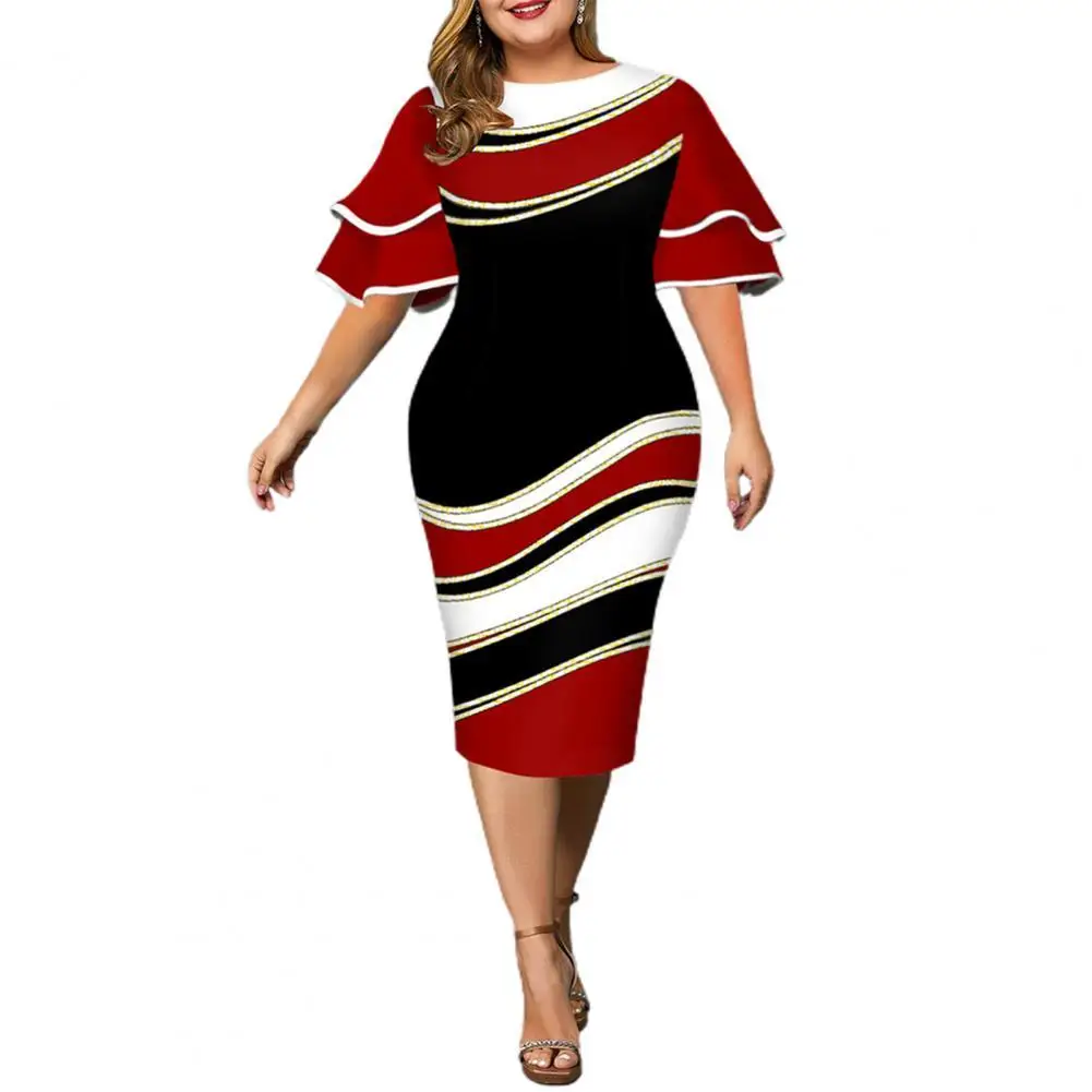 

Plus Size Dresses for Women 2021 Geometric Print Layered Bell Sleeve Autumn Bodycon Dress Round Neck Slim Midi Dress 5XL Wedding