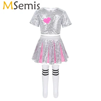 

Kids Girls Jazz Hip Hop Modern Rave Clothes Outfit Dance Costume Shiny Sequins Love Applique Crop Top Skirt with Striped Socks