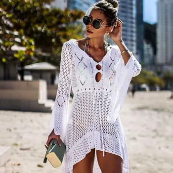 

Crochet White Knitted Beach Cover up dress Tunic Long Pareos Bikinis Cover ups Swim Cover up Robe Plage Beachwear